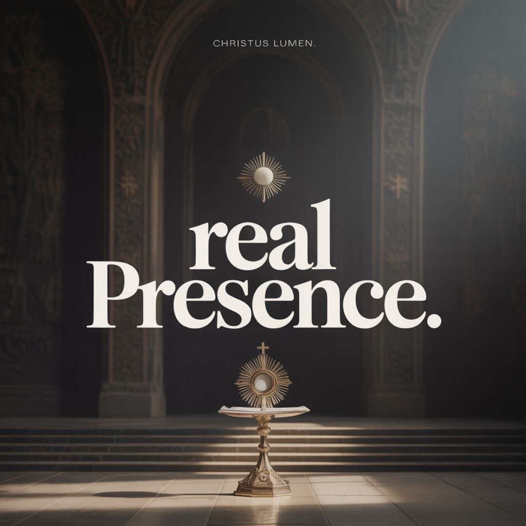 Minimalist Catholic “Real Presence” artwork for Christus Lumen featuring elegant serif typography, Eucharistic monstrance imagery and dramatic cathedral interior lighting representing belief in the Real Presence of Christ in the Eucharist.