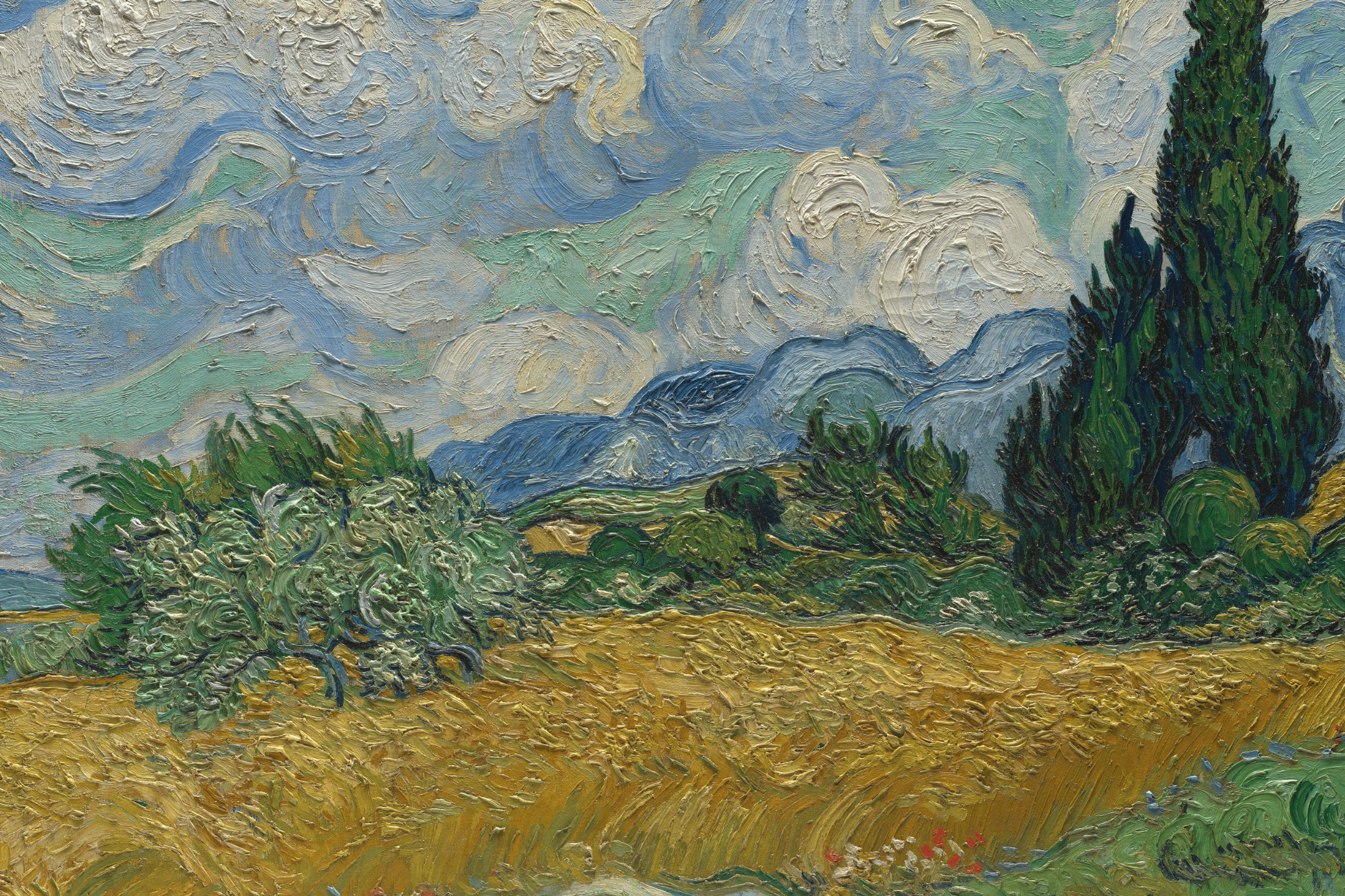 Detail of a wheatfield painting by Vincent van Gogh
