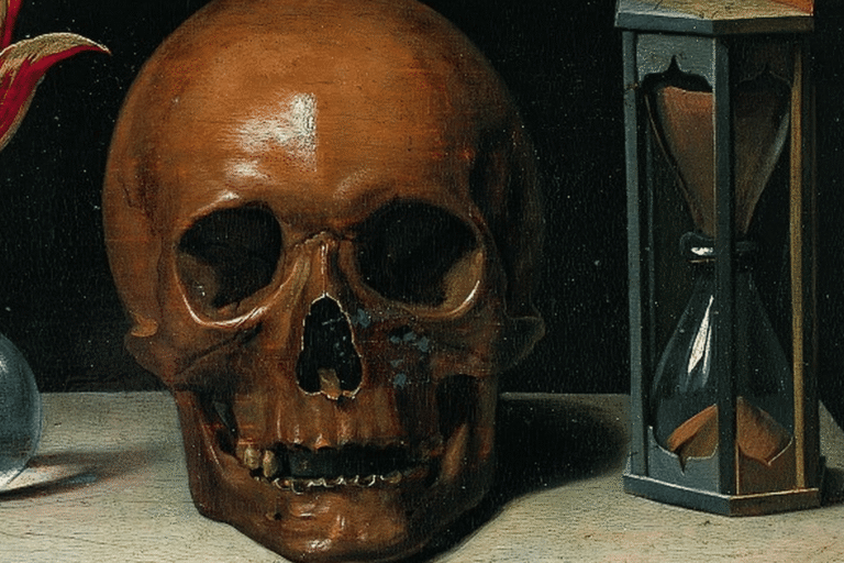 Vanitas still life with a skull, hourglass, and flower, attributed to Philippe de Champaigne