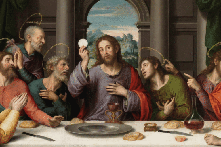 Detail of The Last Supper by Juan de Juanes, showing Christ elevating the host