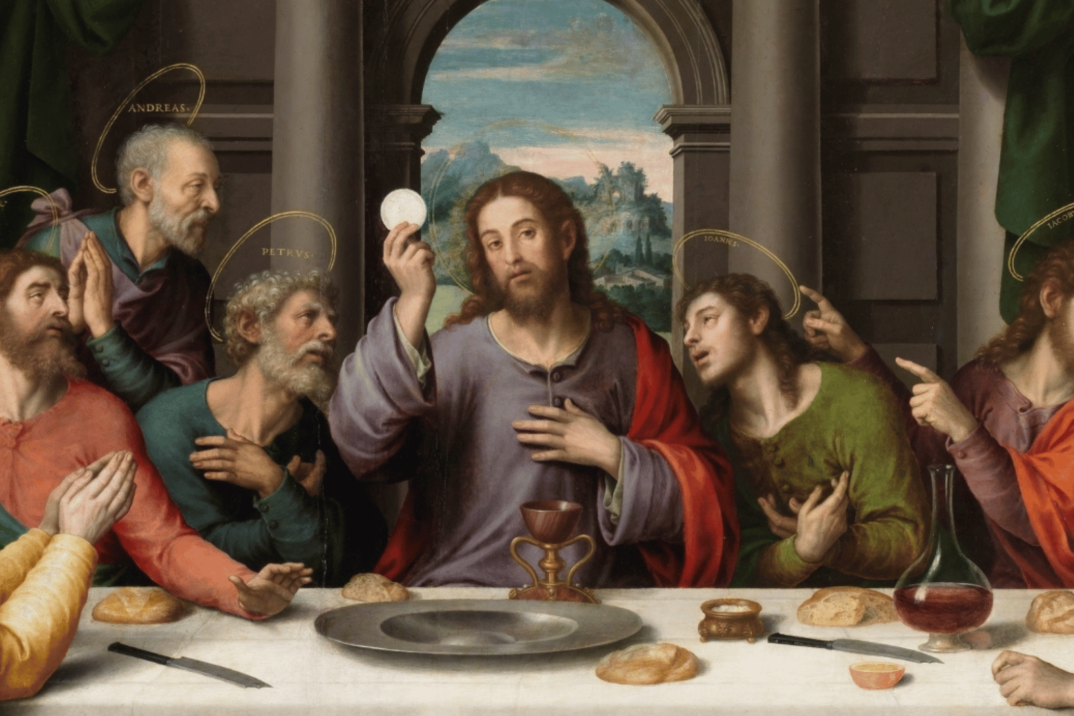 Detail of The Last Supper by Juan de Juanes, showing Christ elevating the host