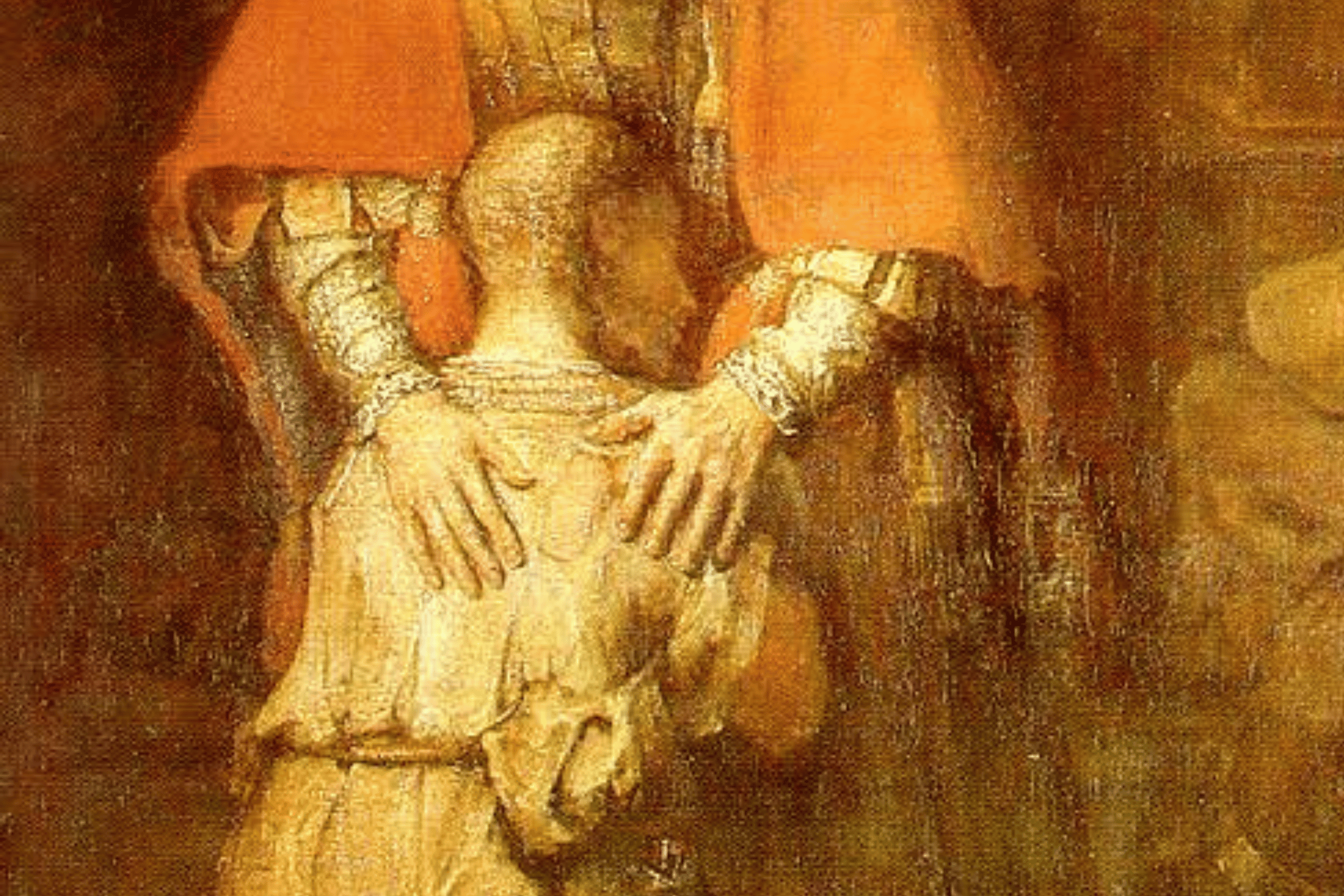 Detail of The Return of the Prodigal Son by Rembrandt, showing the father's hands resting on his son's back
