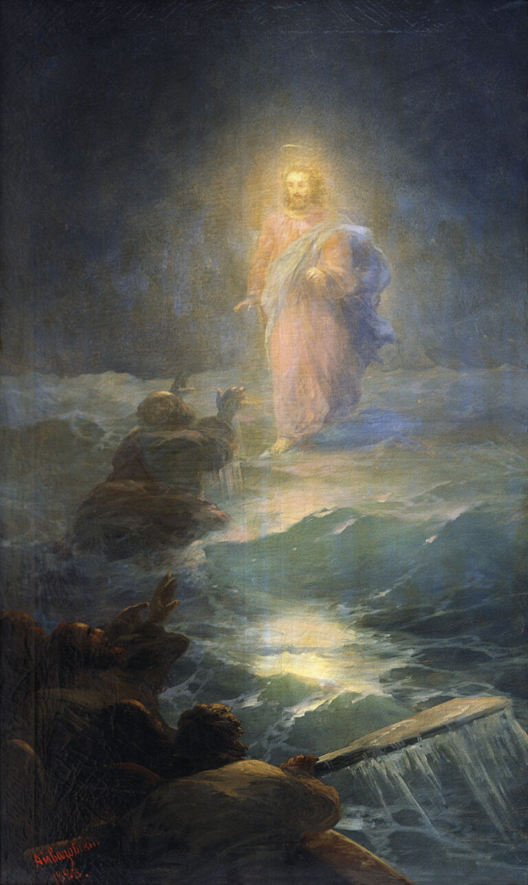 Detail of Jesus Walks on the Water by Ivan Aivazovsky, showing Christ moving across the dark, stormy sea